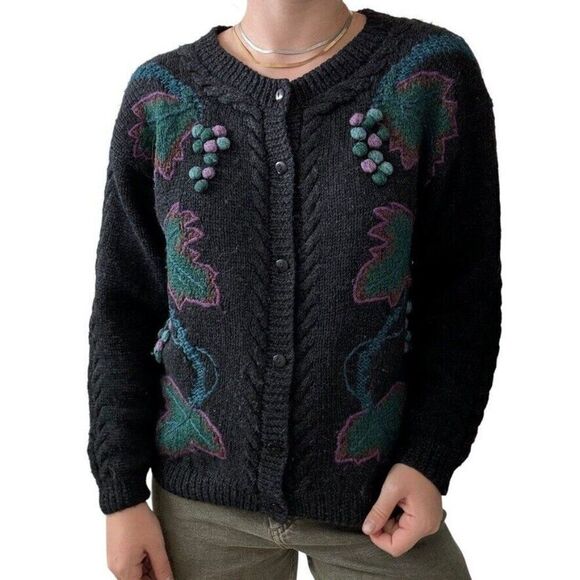 Vintage 1980s Boston Traders Black Wool Chunky Floral Embroidered Cardigan Sz M - Picture 5 of 8